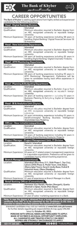 Jobs in Bank of Khyber BOK 2022 Jobs 2022 — original advertisement