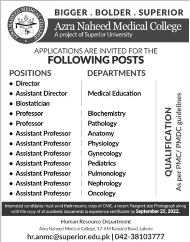 Jobs in Azra Naheed Medical College Lahore 2022 Jobs 2022 — original advertisement