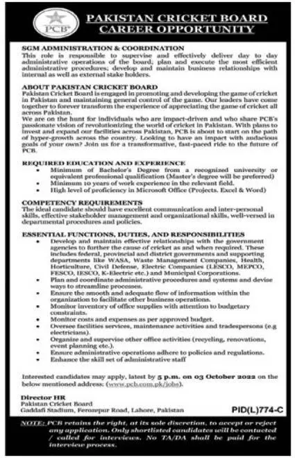 Jobs in Pakistan Cricket Board ( PCB) 2022 – Pakistan Cricket Board (PCB) Jobs 2022 — original advertisement