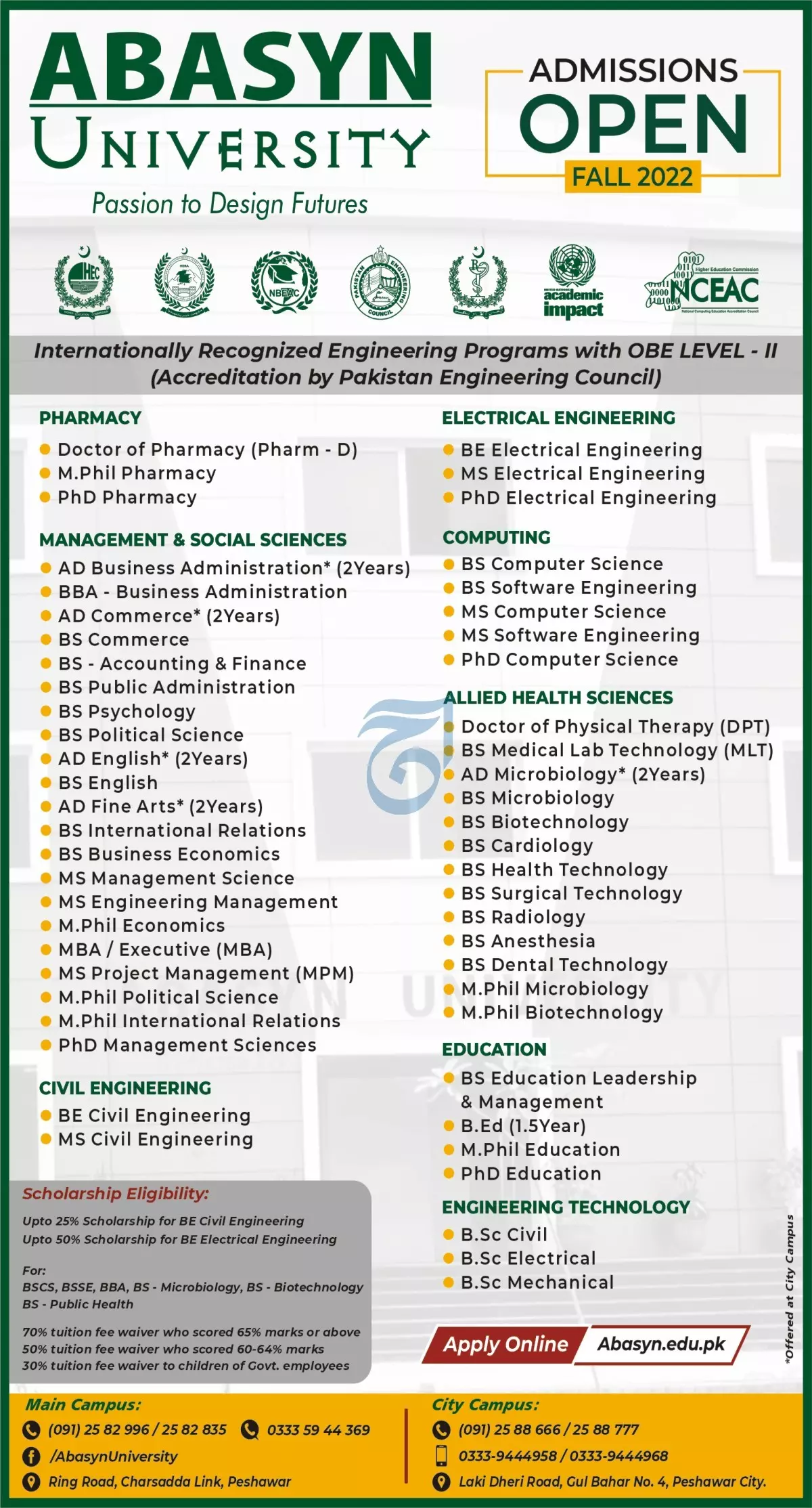 Admission in Abasyn University Peshawar Admissions 2022 — original advertisement