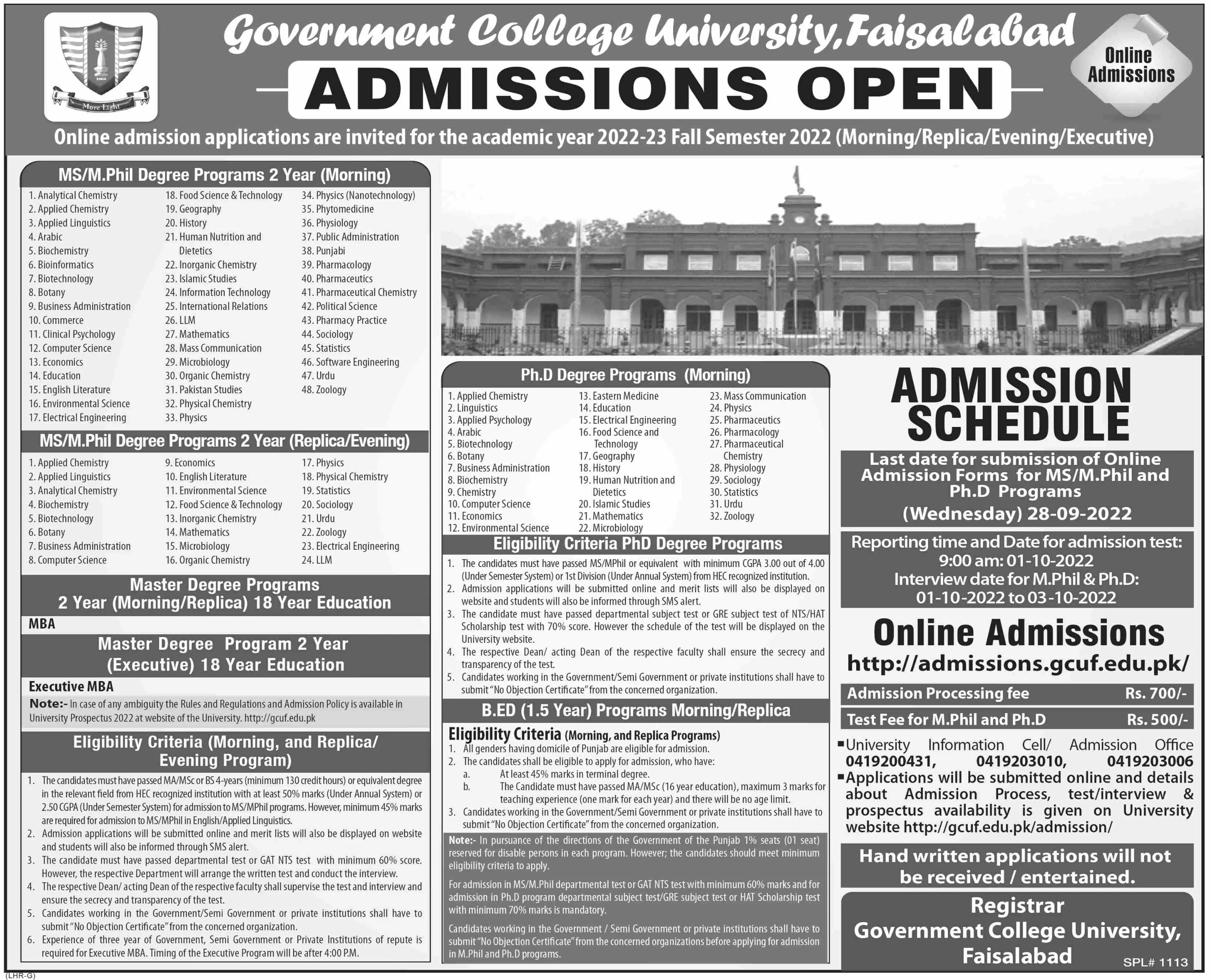 Admission in Government College University Faisalabad Admissions 2022 — original advertisement