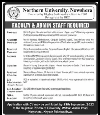 Jobs in Northern University Nowshera Khyber Pakhtunkhwa Jobs 2022 — original advertisement