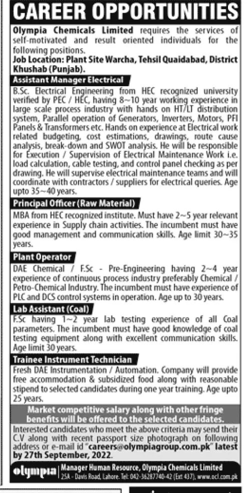 jobs in Olympia Chemicals Limited 2022 – Private Company Jobs 2022 — original advertisement