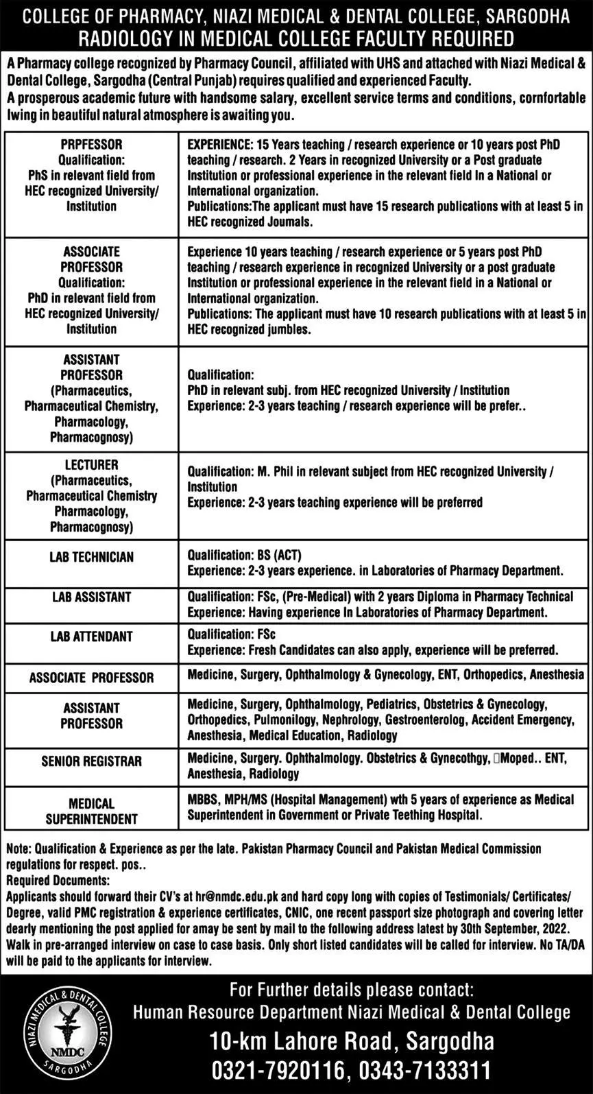 Faculity Requaried Niazi Medical & dental College Sorgadha – Niazi Medical and Dental College Sargodha Jobs 2022 — original advertisement