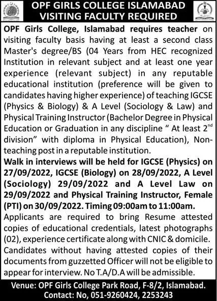 Faculity required Opf Girls College Islamabad Jobs 2022 — original advertisement