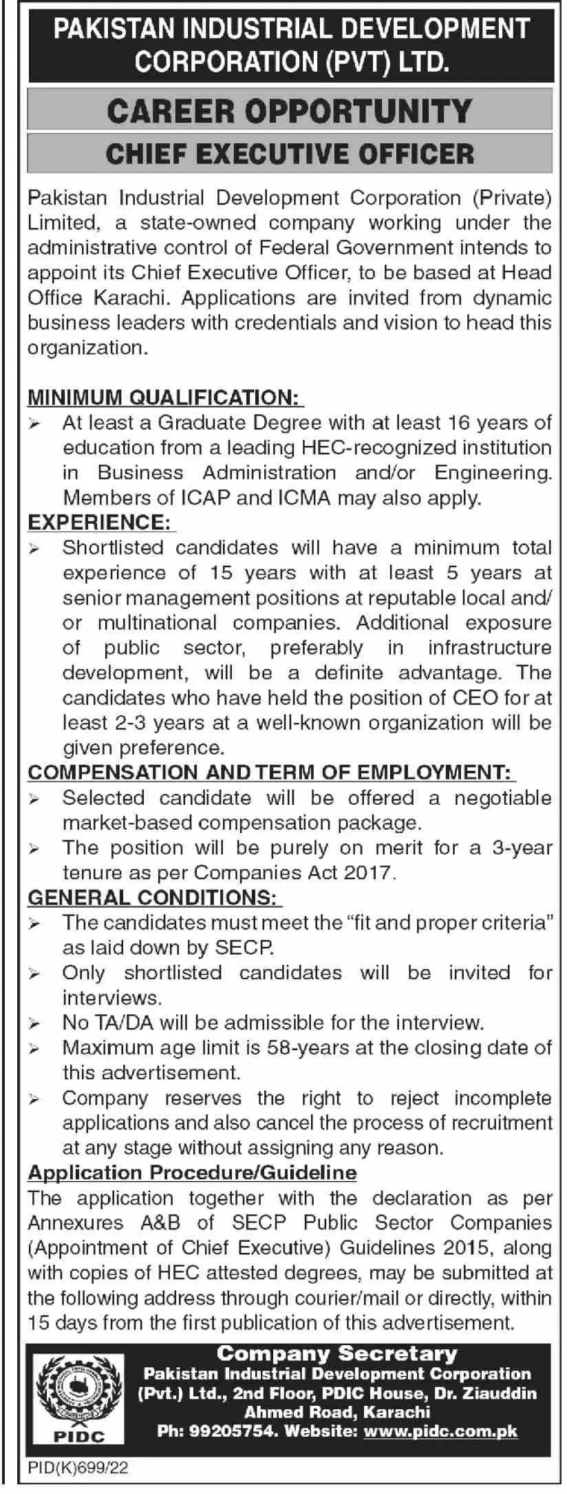 Pakistan industrial Development Corporation ( pvt) Ltd Jobs – Private Company Jobs 2022 — original advertisement
