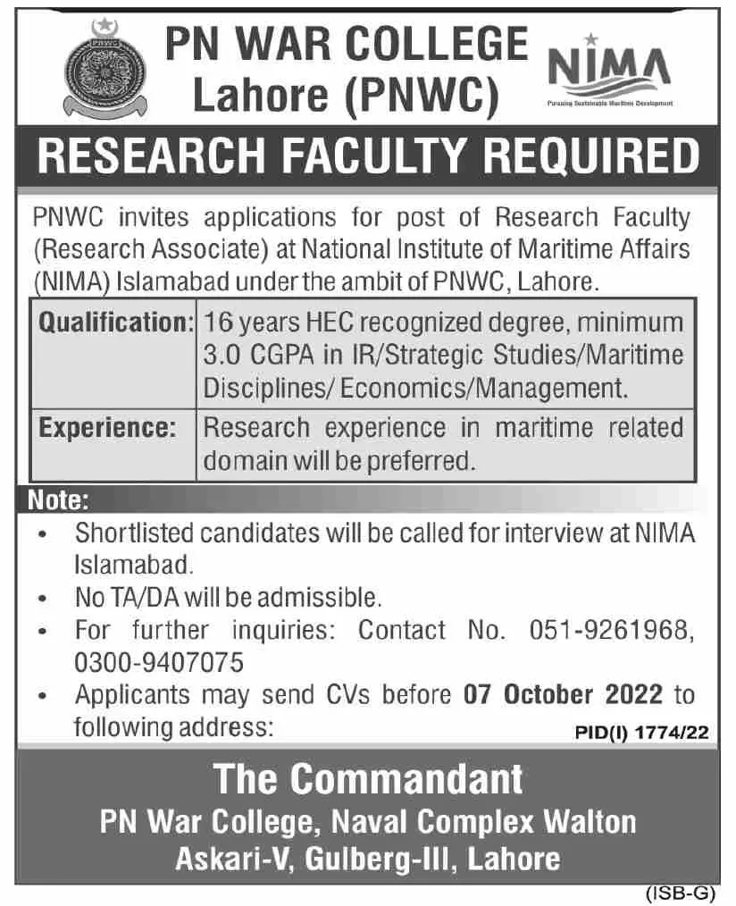 Faculity Required PN War College Lahore ( PNWC) Jobs 2022 — original advertisement