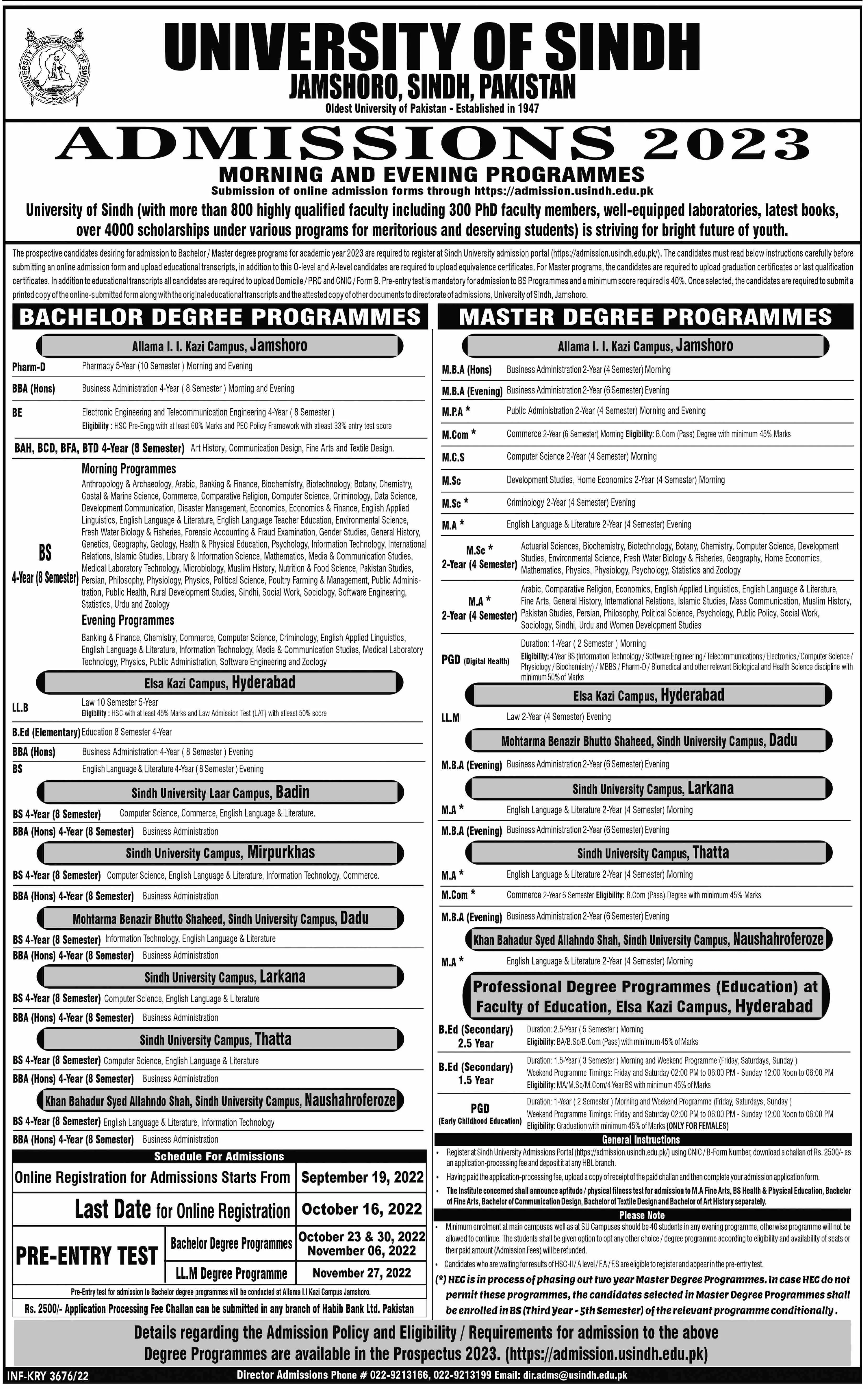 Admission in University of Sindh Jamshoro Admissions 2022 — original advertisement