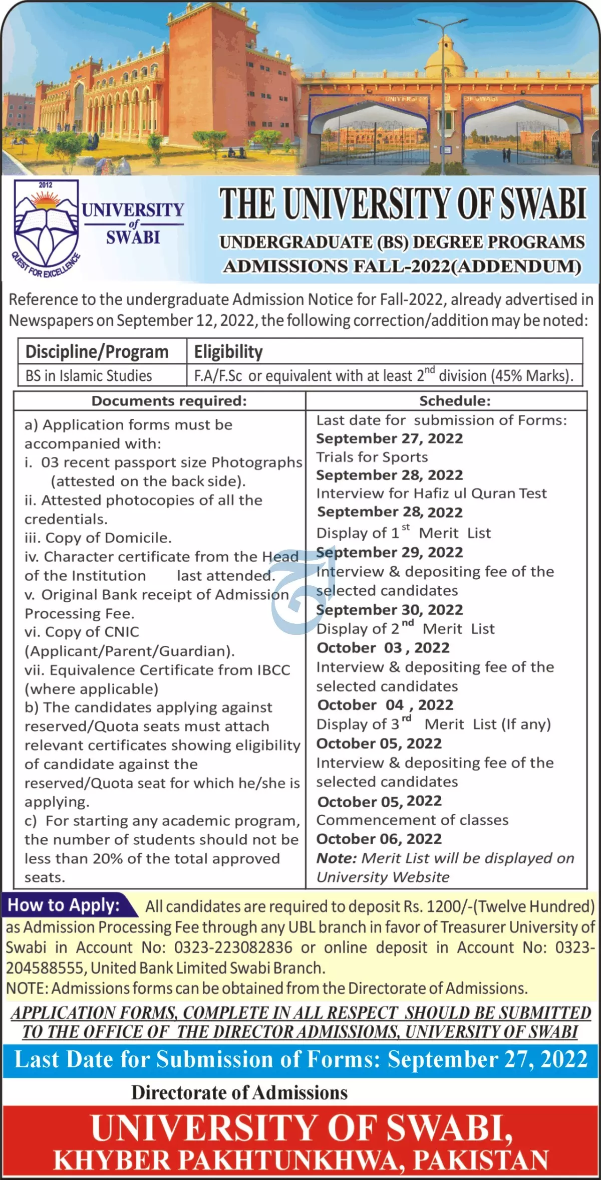Admission in University of Swabi Admissions 2022 — original advertisement