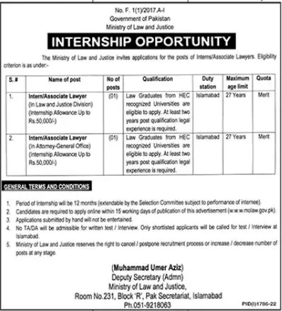 Internship opportunity Ministry of Law & Justice Islamabad – Ministry of Law and Justice Islamabad Jobs 2022 — original advertisement