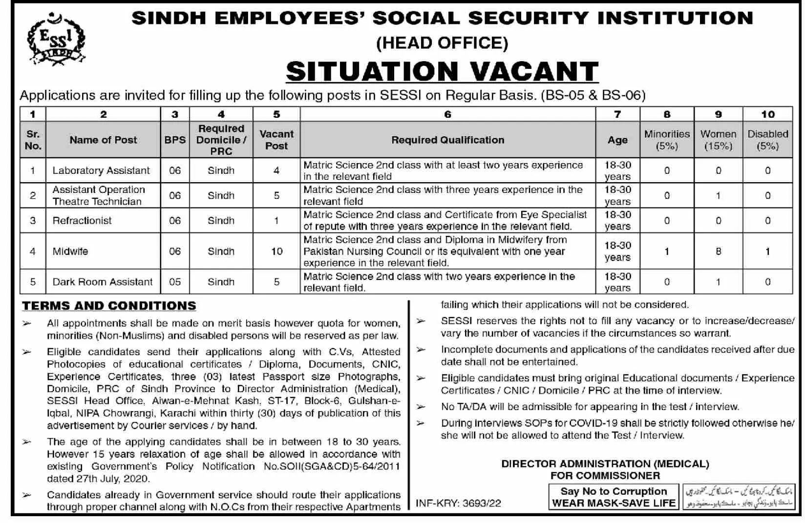Jobs in Sindh Employees Social Security Institution SESSI – Sindh Employees Social Security Institution SESSI Karachi Jobs 2022 — original advertisement