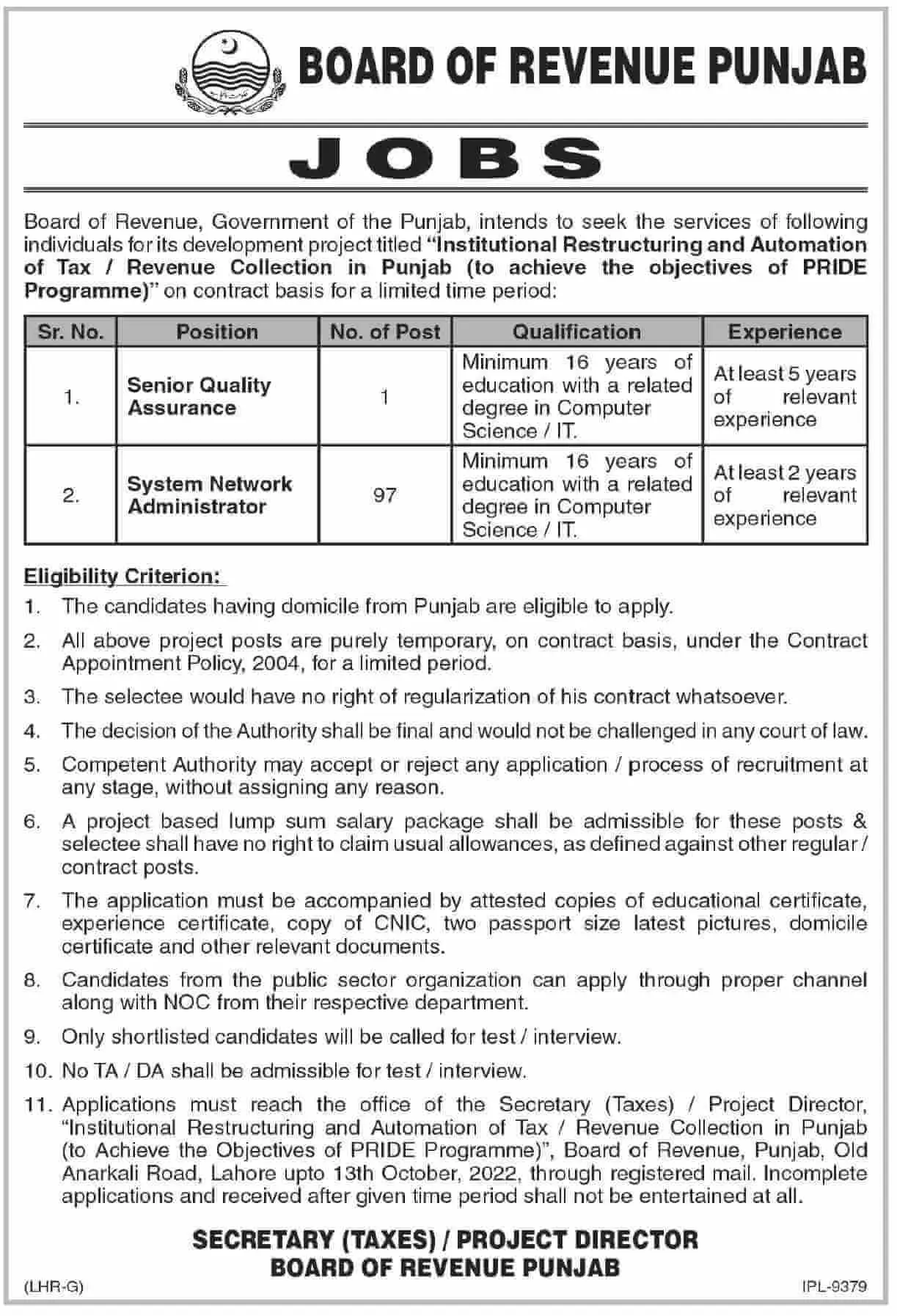 Jobs in Board of Revenue Punjab 2022 – Revenue Department Punjab Jobs 2022 — original advertisement