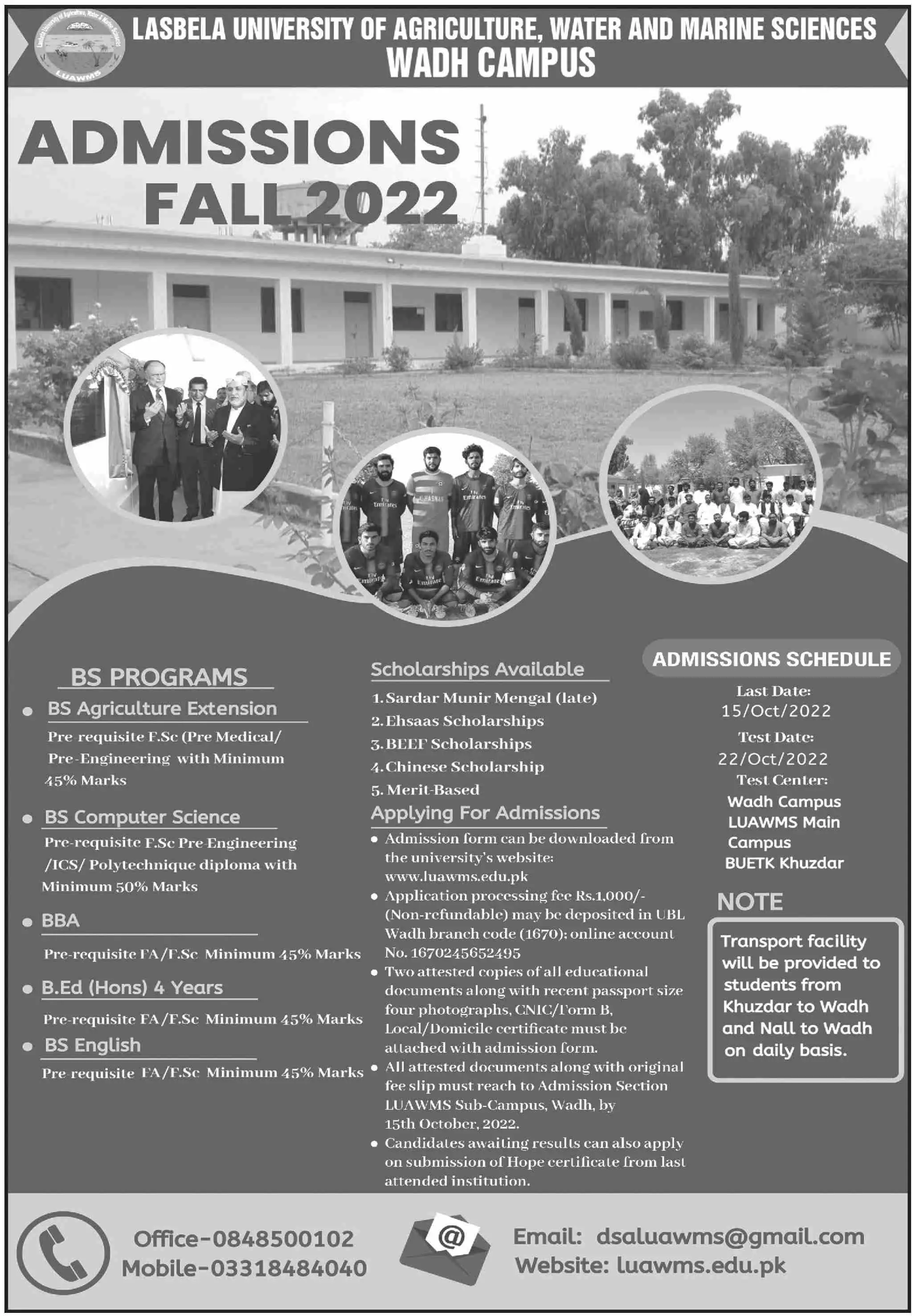 Admission in Lasbela University of Agriculture Wadh Campus – Lasbela University of Agriculture, Water & Marine Sciences (LUAWMS) Uthal Admissions 2022 — original advertisement