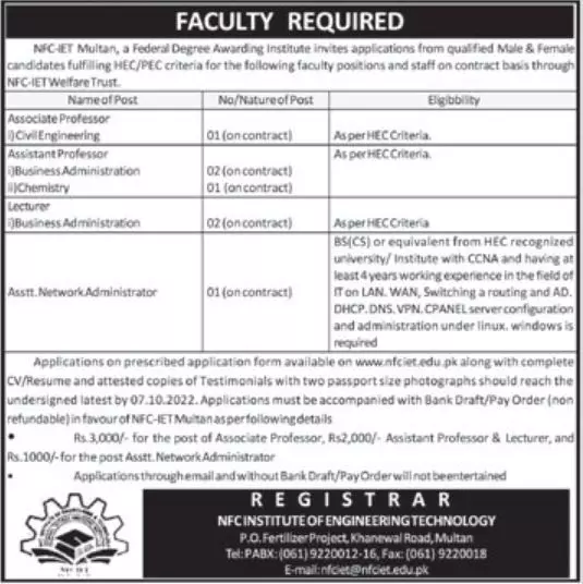 Jobs in NFC institute of Engineering & Technology Multan Jobs 2022 — original advertisement