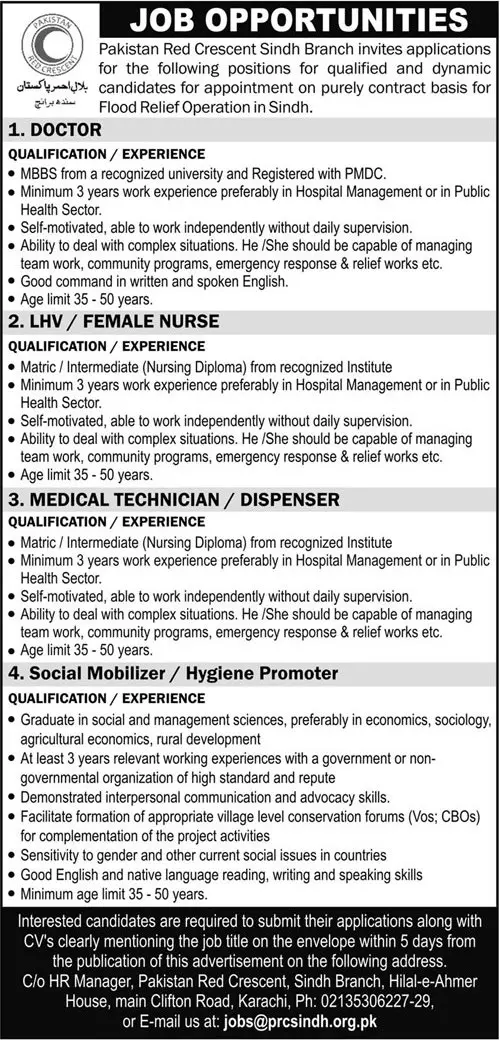 Jobs in Pakistan Red Crescent Sindh Branch – Pakistan Red Crescent Society Jobs 2022 — original advertisement