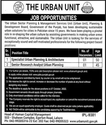 Jobs in Planning & Development Board Punjab – The Urban Unit Punjab Jobs 2022 — original advertisement