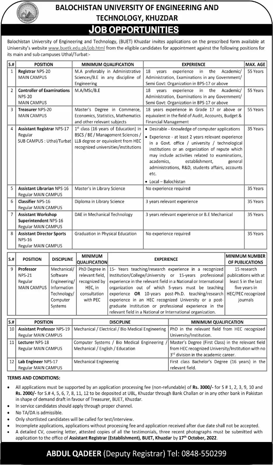 Jobs in Balochistan University of Engineering &Technology – Balochistan University of Engineering and Technology BUETK Khuzdar Jobs 2022 — original advertisement