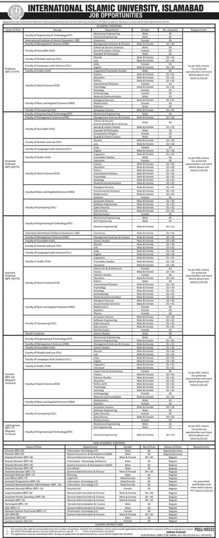 International Islamic University Islamabad IIUI Jobs 2022 Jobs 2022 — original advertisement