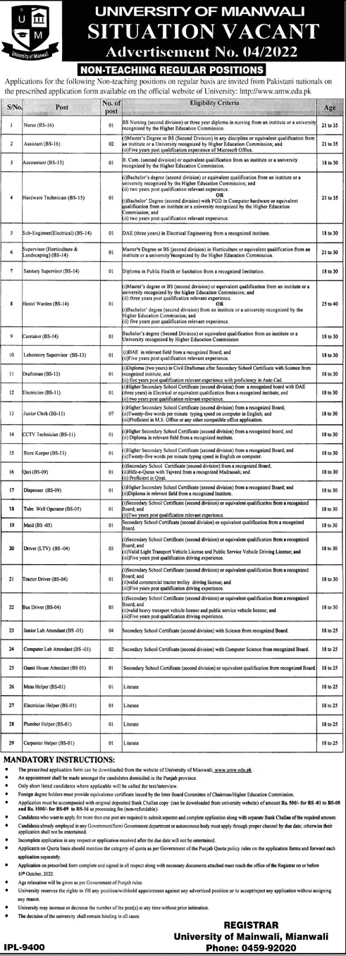 Jobs in University of Mianwali Punjab 2022 Jobs 2022 — original advertisement