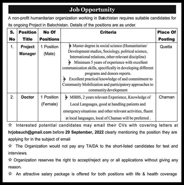 Non Profit organization (NGO)Quetta Balochistan Jobs 2022 – Public Sector Organization Jobs 2022 — original advertisement