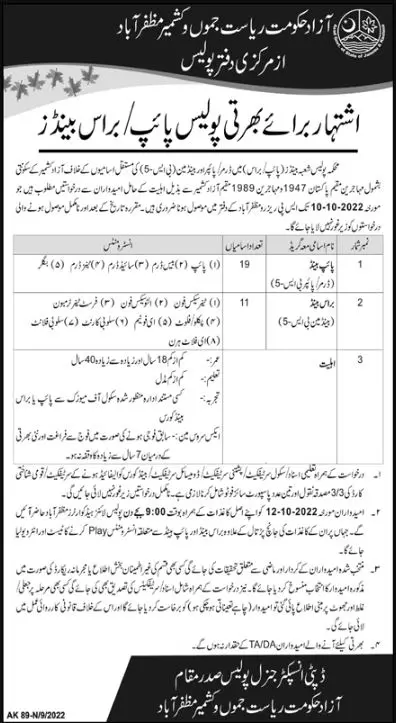 Azad Jammu Kashmir Police Department Jobs 2022 – Ajk Police Jobs 2022 — original advertisement