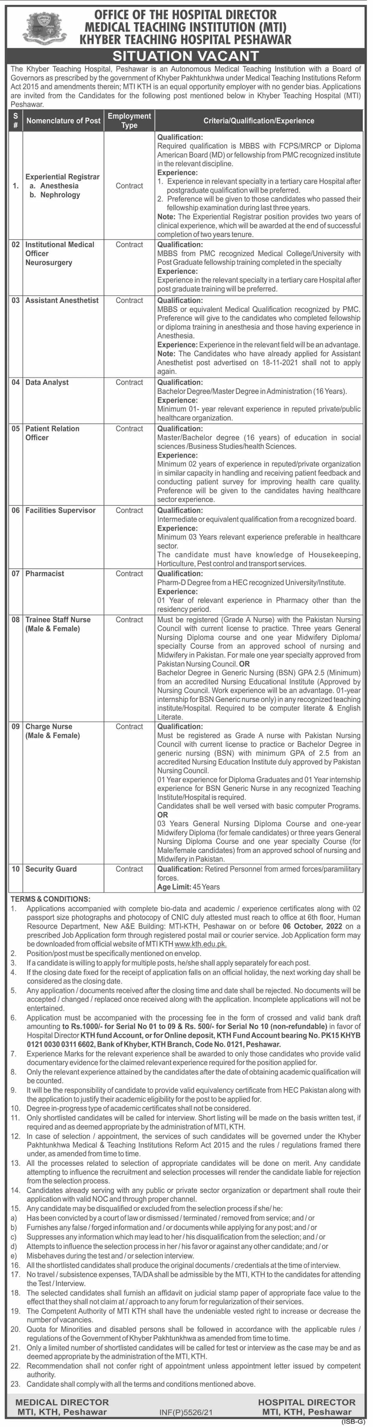 Jobs in Khyber Teaching Hospital KTH MTI Peshawar 2022 – Medical Teaching Institute MTI Khyber Teaching Hospital Peshawar Kpk Jobs 2022 — original advertisement
