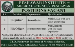 Peshawar Institute of Medical Sciences Peshawar Jobs Jobs 2022 — original advertisement
