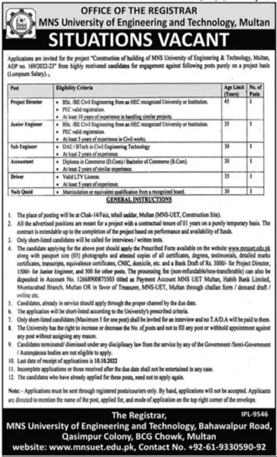 Jobs in MNS University of Engineering And Technology Multan – MNS-University of Agriculture, Multan. Jobs 2022 — original advertisement