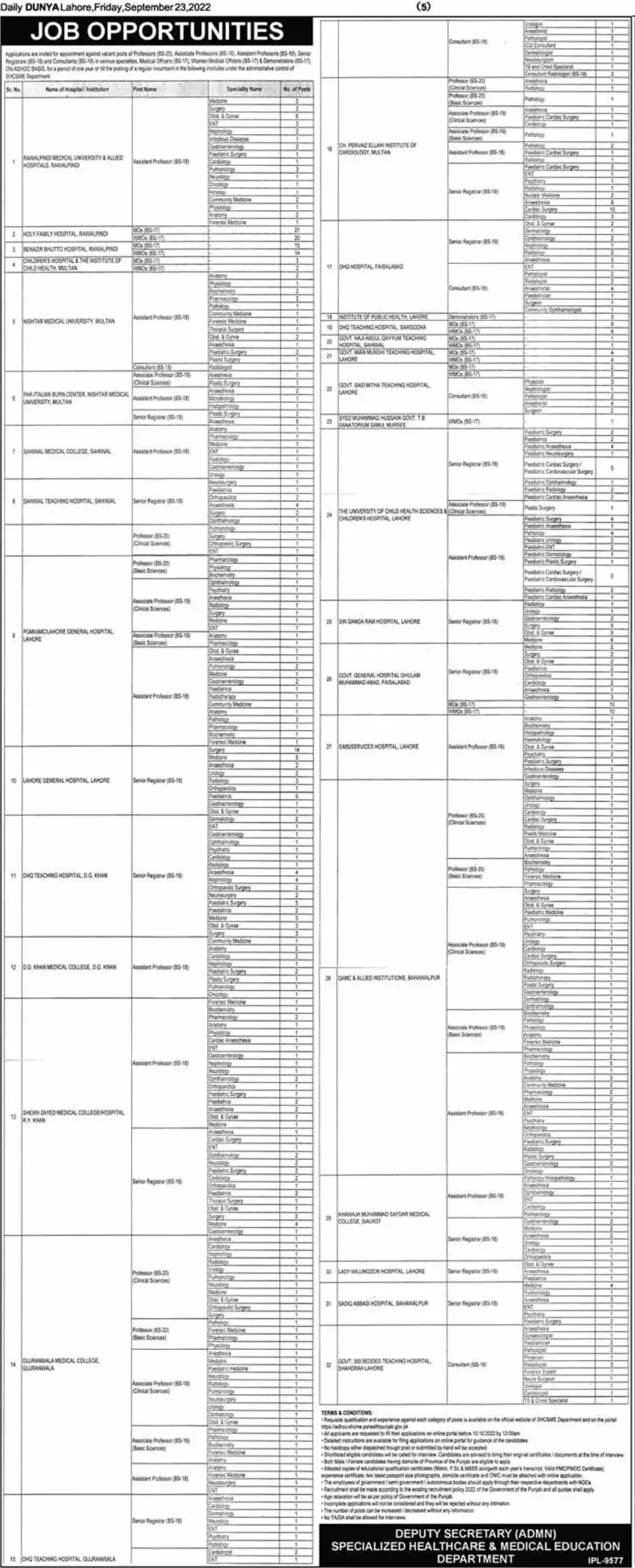 Jobs in Specialized Healthcare & Department Punjab 2022 – Specialized Healthcare And Medical Education Department Lahore Jobs 2022 — original advertisement