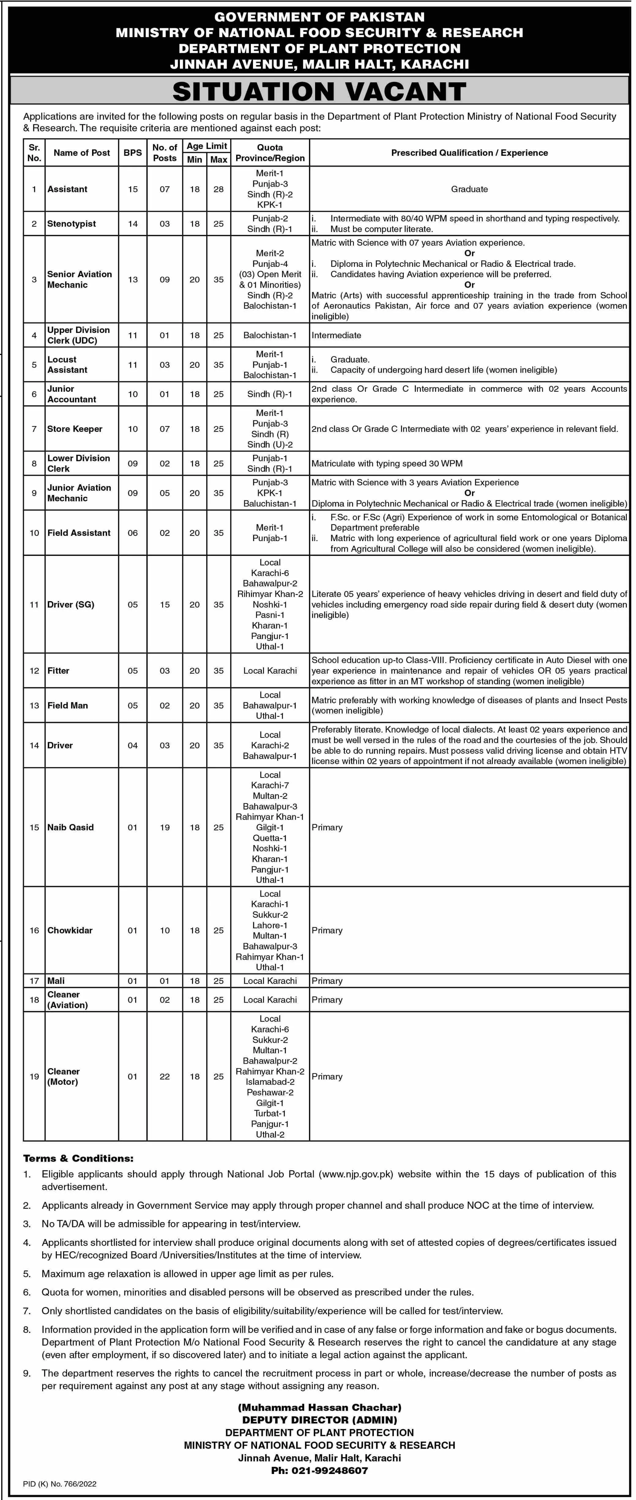 Jobs in Ministry of National Food Security & Research 2022 Jobs 2022 — original advertisement