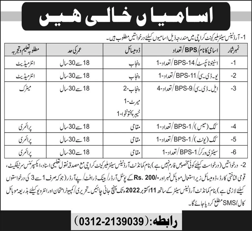 Jobs in Pak Army Ordnance Centre Malir Cantt Karachi 2022 – Pakistan Army Jobs 2022 — original advertisement