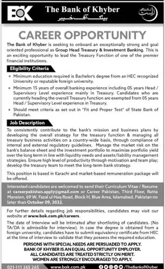 Jobs in Bank of Khyber (BOK) 2022 Jobs 2022 — original advertisement