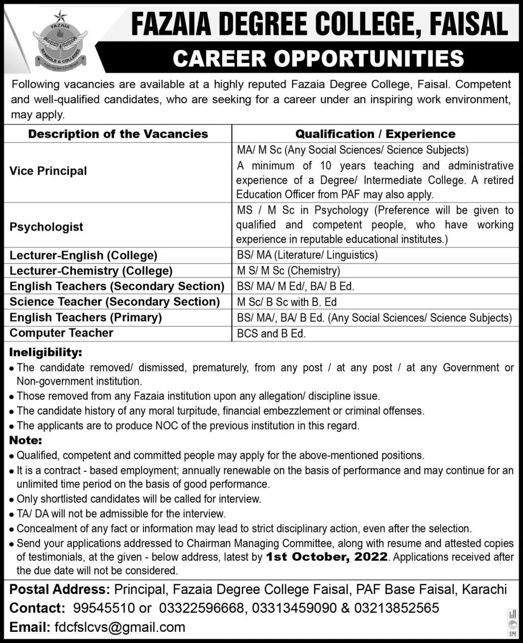 Jobs in Fazaia Degree College Faisal Karachi – Fazaia Schools & Colleges Jobs 2022 — original advertisement