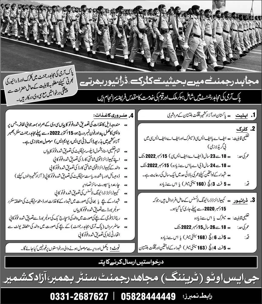 Jobs in Pakistan Army Mujahid Regiment 2022 Jobs 2022 — original advertisement
