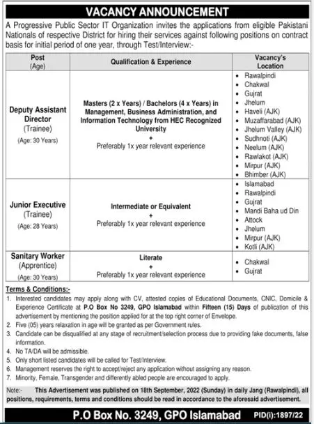 Jobs in Public Sector IT Organization Islamabad 2022 – Public Sector Organization Jobs 2022 — original advertisement