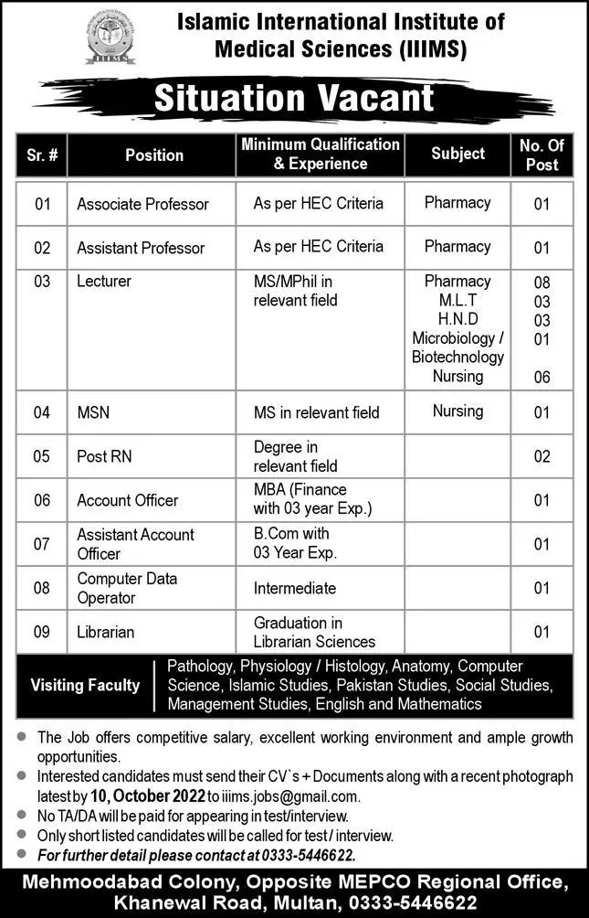 Jobs in Islamic International Institute Of  Medical Sciences Jobs 2022 — original advertisement