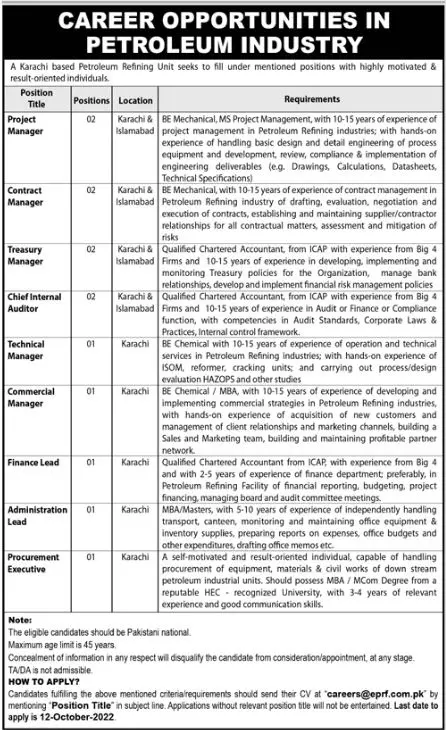 Jobs in Karachi Based Petroleum industry 2022 – Public Sector Organization Jobs 2022 — original advertisement