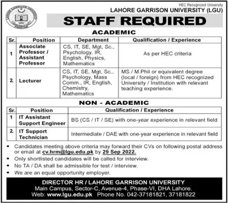 Jobs in Lahore Garrison University (LGU) 2022 Jobs 2022 — original advertisement