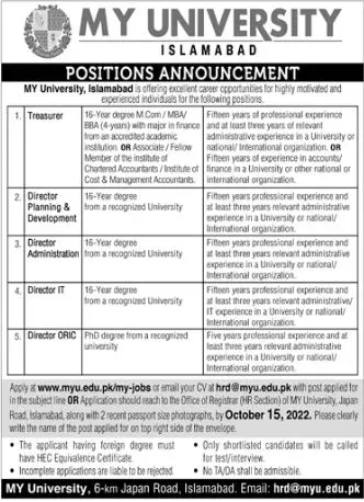 Jobs in My University Islamabad 2022 Jobs 2022 — original advertisement