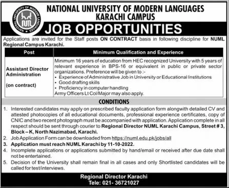 Jobs in National University of Modern Languages Karachi Camp – National University of Modern Languages Islamabad Jobs 2022 — original advertisement