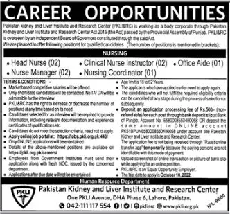Jobs in Pakistan Kidney and Liver Institute and Research – Pakistan Kidney And Liver Institute (PKLI) And Research Centre Lahore Jobs 2022 — original advertisement