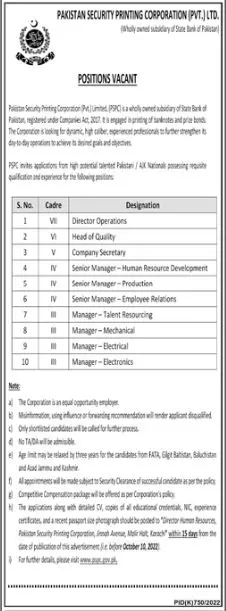 Jobs in Pakistan Security Printing Corporation (Pvt.) Ltd – Private Company Jobs 2022 — original advertisement
