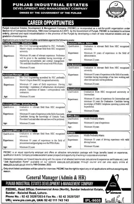 Jobs in Punjab Industrial Estates PIEDMC 2022 – Punjab Industrial Estates Development & Management Company Jobs 2022 — original advertisement