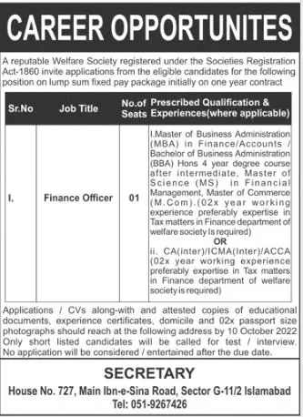 Jobs in Reputable Welfare Society Islamabad 2022 – Public Sector Organization Jobs 2022 — original advertisement