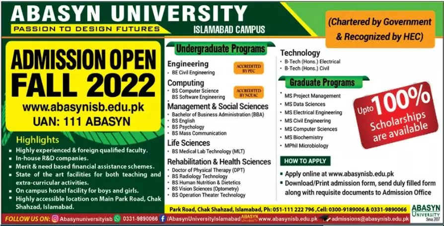 Admission in Abasyn University Peshawar 2022 Admissions 2022 — original advertisement