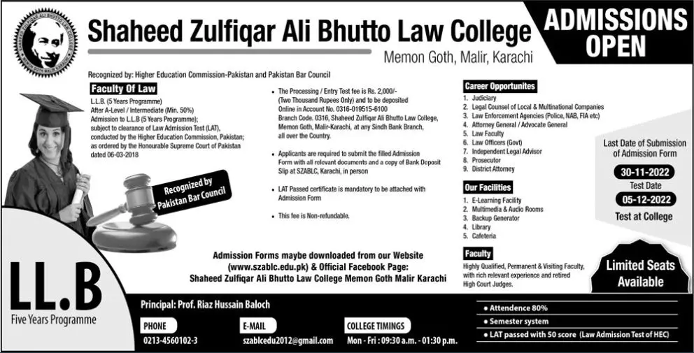 Admission in Shaheed Zulfiqar Ali Bhutto Law College Karachi – Shaheed Zulfiqar Ali Bhutto University of Law Karachi Admissions 2022 — original advertisement