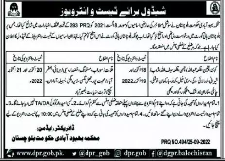 Test interview in Population Welfare Department Balochistan Jobs 2022 — original advertisement