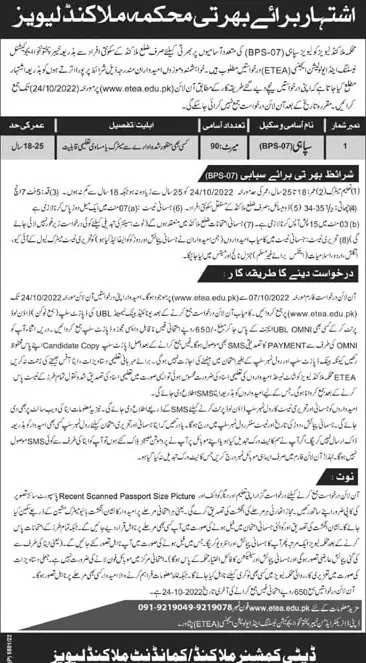Jobs in Levies Force Department Malakand KPK 2022 – Levies Force Kpk Jobs 2022 — original advertisement