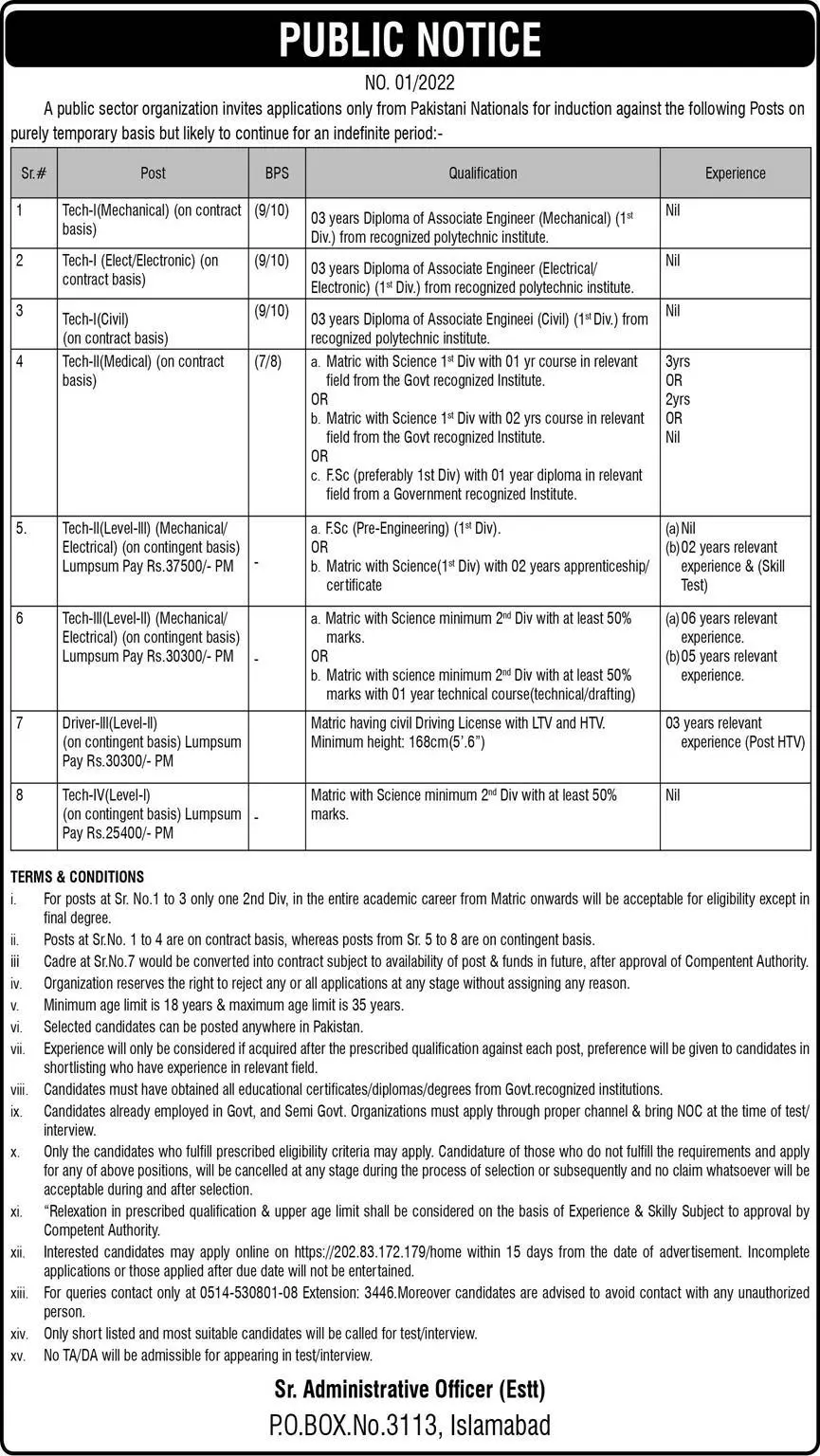 Jobs in Public Sector Organization Islamabad 2022 Jobs 2022 — original advertisement