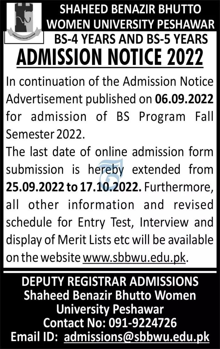 Admission in Shaheed Benazir Bhutto Women University peshawr – Shaheed Benazir Bhutto Women University Peshawar Admissions 2022 — original advertisement